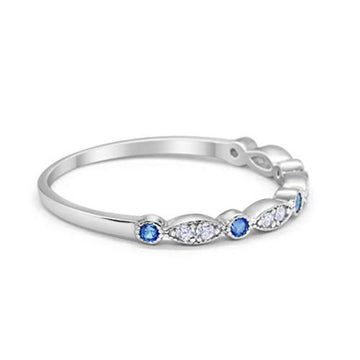 Half Eternity 2mm Wedding Band Round Simulated Blue Topaz CZ 925 Sterling Silver